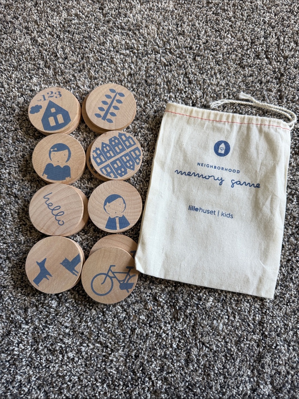Lillehuset kids wooden neighborhood memory game with bag